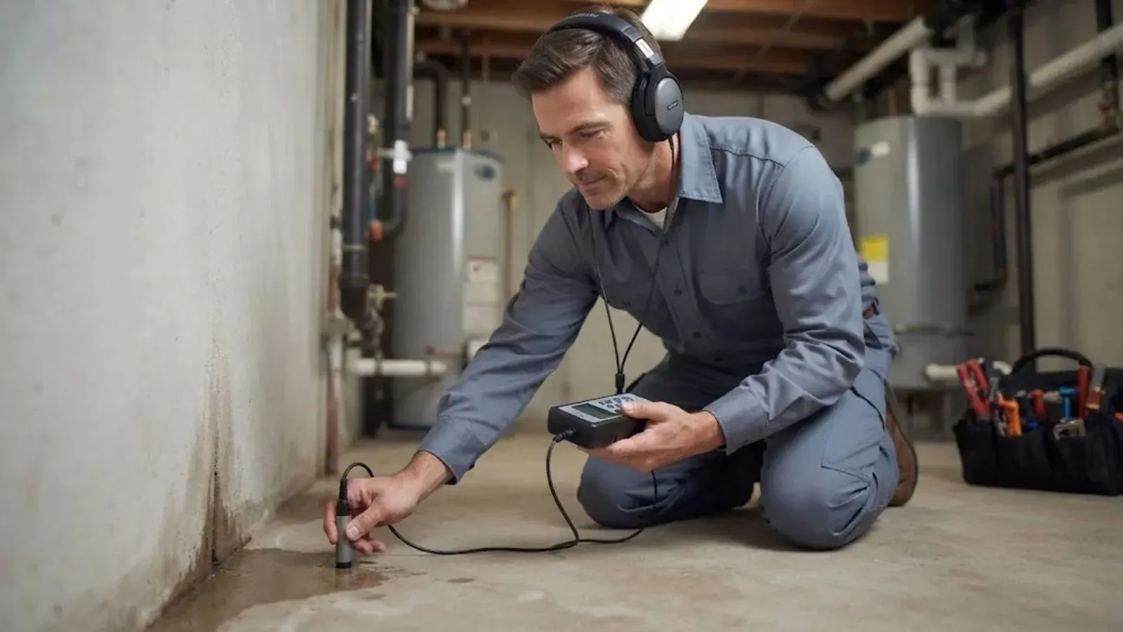 Technician with headphones using electronic equipment to listen for a hidden leak