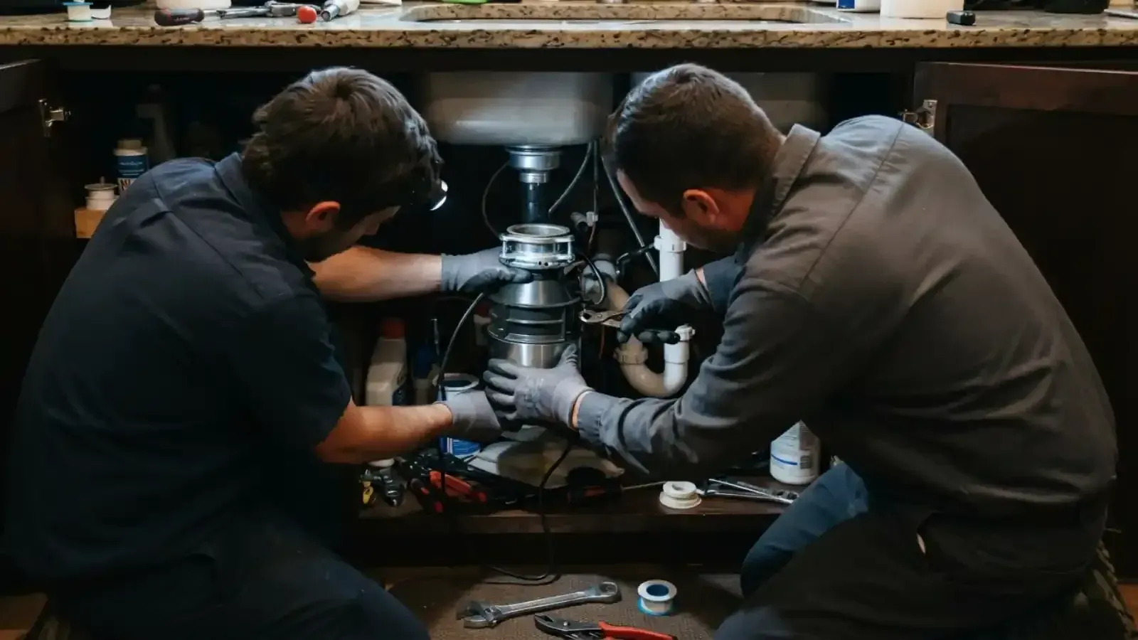 Two plumbers working on a garbage disposal under a kitchen sink