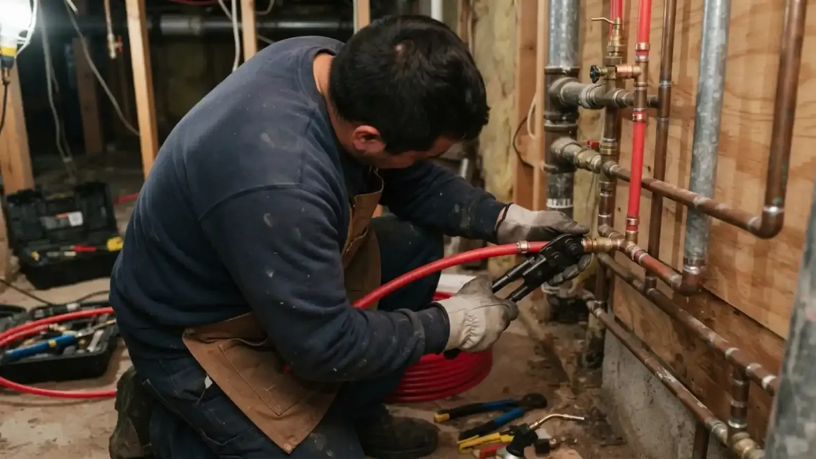 Plumber running new supply piping at an open wall