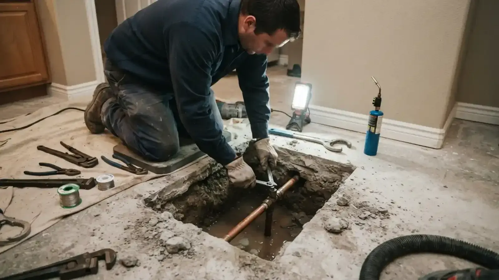 Plumber working in a hole cut through a concrete slab to reach a leaking pipe