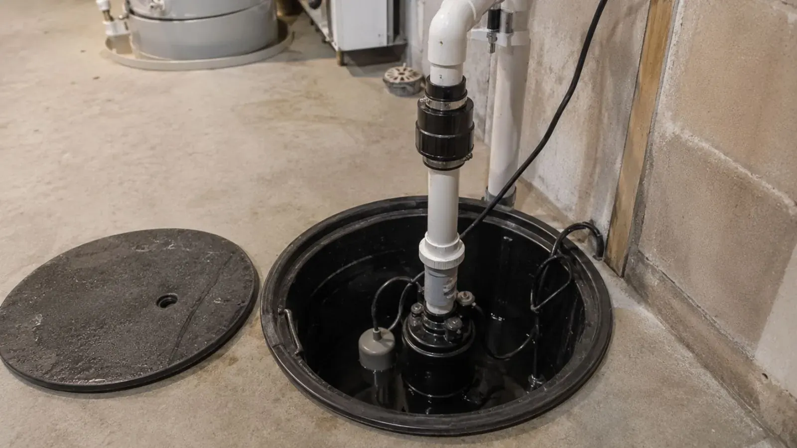 New sump pump and discharge pipe in a clean basement sump basin