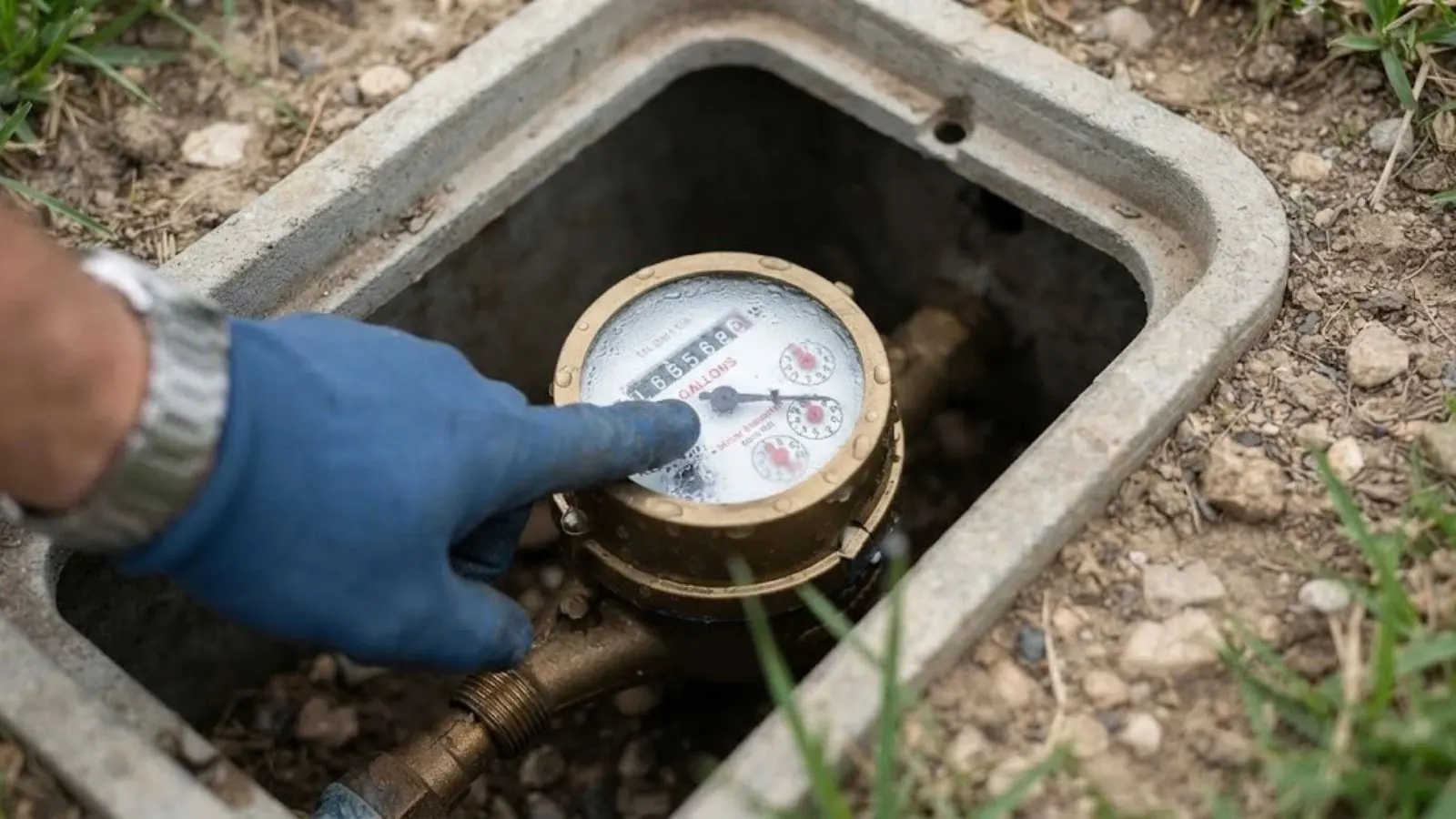 Gloved hand pointing at a residential water meter in its ground box