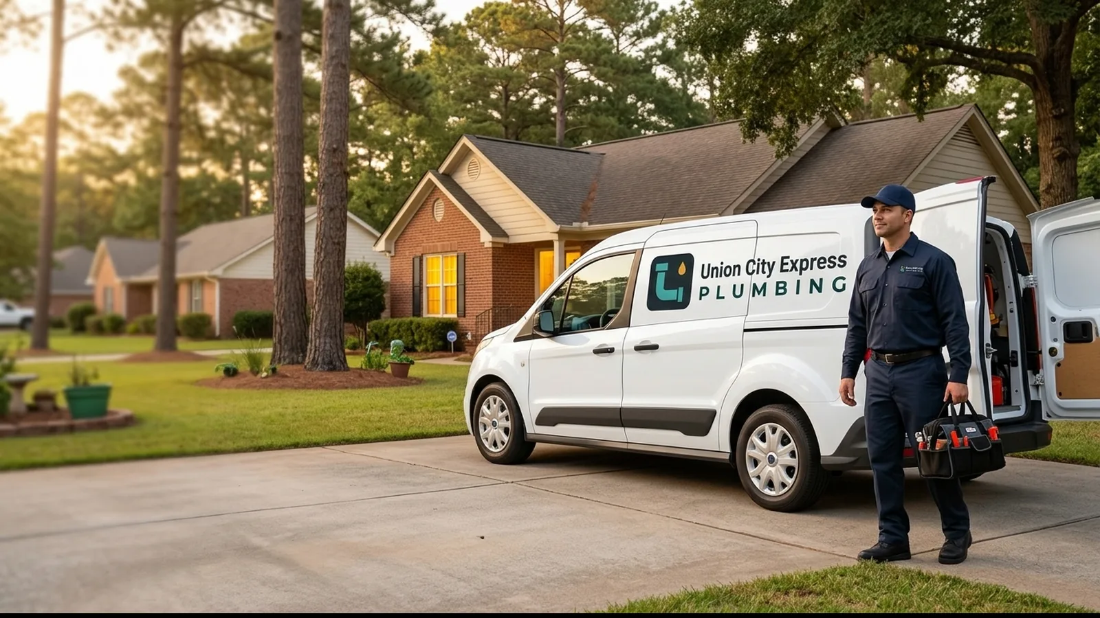 Union City Express Plumbing van parked at a Union City, GA home with a plumber standing by the open rear doors